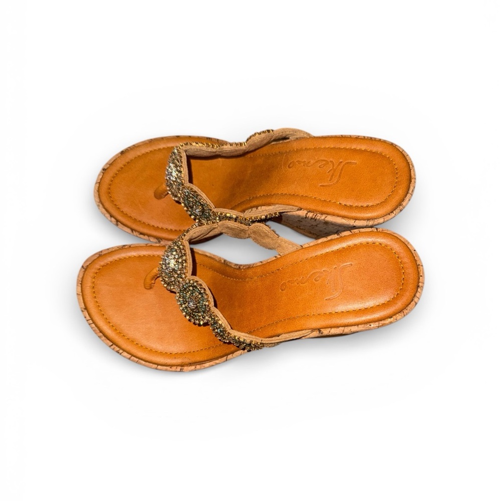 NWOT- Skemo Rhinestone/Beaded Flip Flop Sandals Cork Wedges - Picture 4 of 4